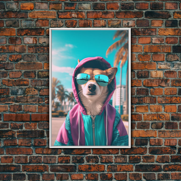 Corgi In Pink And Blue Hoodie Sunglasses Wall Print, Dog Art Print, Dog Portrait, Framed Wall Art, Framed Canvas, Wall Print, Wall Canvas