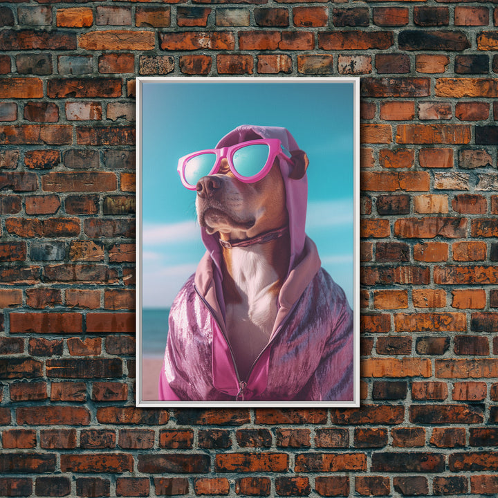 Pit Bull In Pink Hoodie Sunglasses Wall Print, Dog Décor, Dog Print, Dog Portrait, Framed Wall Art, Framed Canvas, Wall Print, Wall Canvas