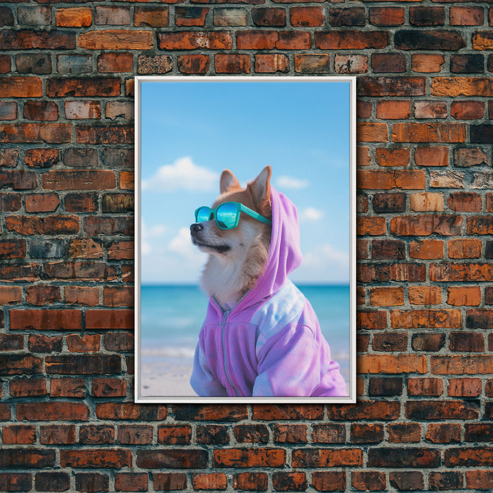 Corgi In Purple Hoodie Sunglasses Wall Print, Beach Art, Dog Print, Dog Portrait, Framed Wall Art, Framed Canvas, Wall Print, Wall Canvas