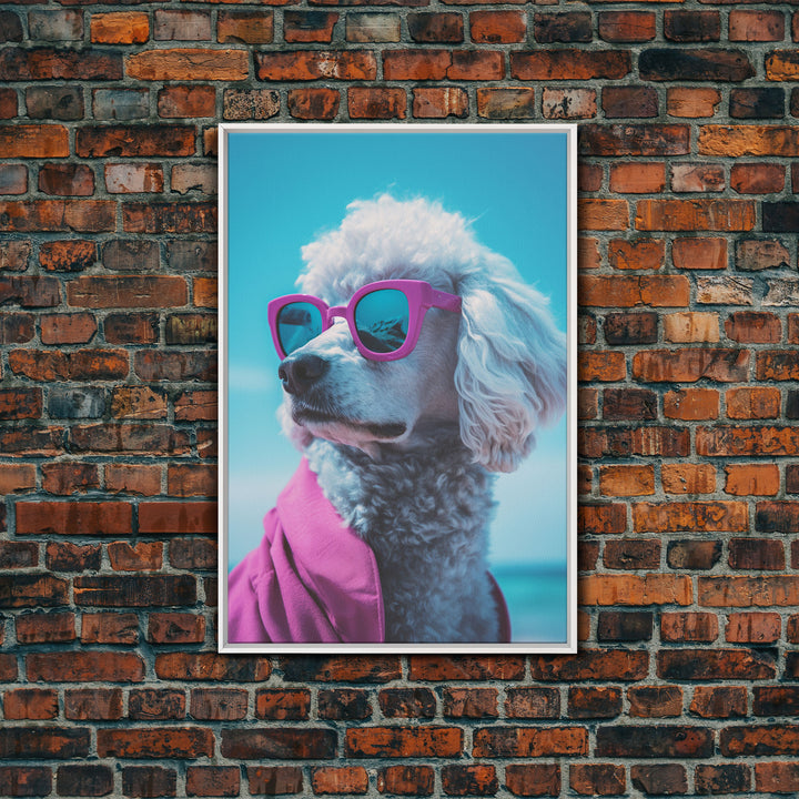 Poodle In Pink Shirt Sunglasses Wall Print, Beach Art, Dog Print, Dog Portrait, Framed Wall Art, Framed Canvas, Wall Print, Wall Canvas