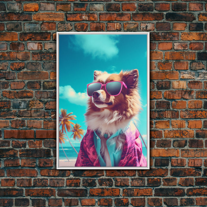 Pomeranian In Pink Shirt Sunglasses Wall Print, Beach Art, Dog Print, Dog Portrait, Framed Wall Art, Framed Canvas, Wall Print, Wall Canvas