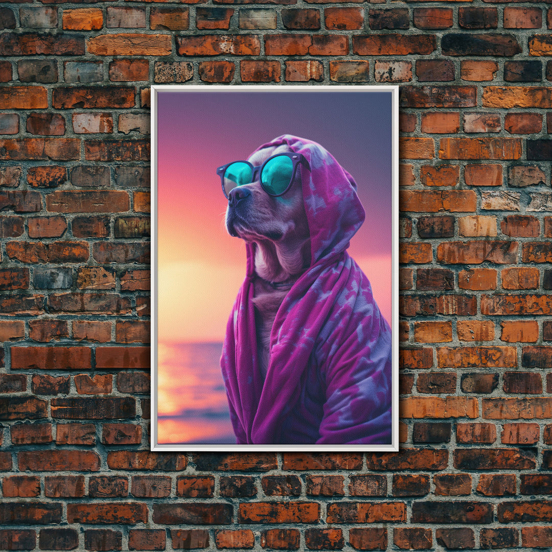 Pit Bull In Pink Hoodie Sunglasses Wall Print, Beach Art, Dog Print, Dog Portrait, Framed Wall Art, Framed Canvas, Wall Print, Wall Canvas