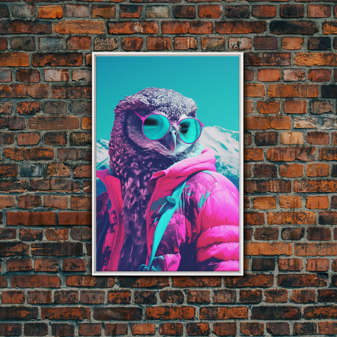 Owl In Pink Jacket Sunglasses Wall Print, Animal Art Print, Bird Wall Art, Framed Wall Art, Framed Canvas, Wall Print, Wall Canvas