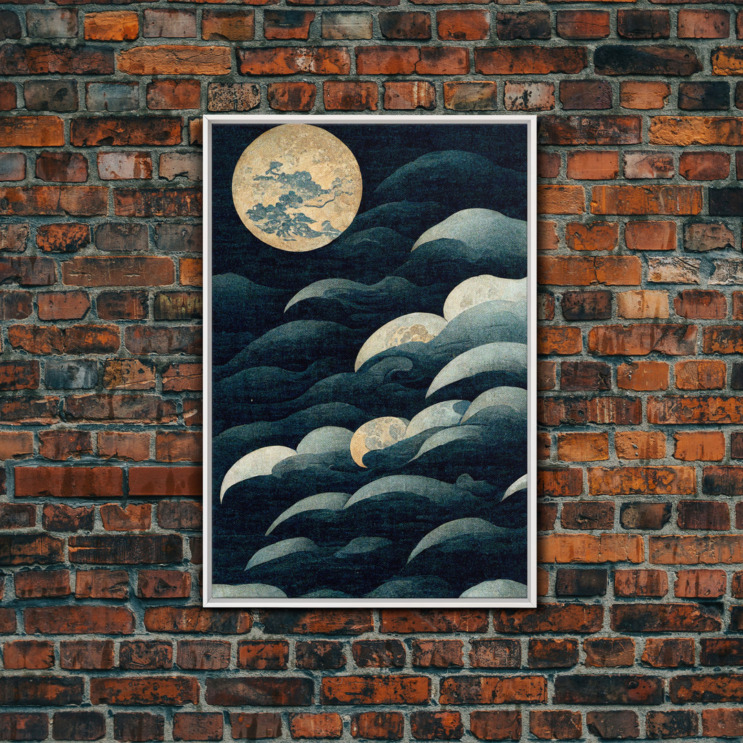 Japanese Style Wall Art, A Stormy Sea and Full Moon, Canvas Print, ready to hang wall art