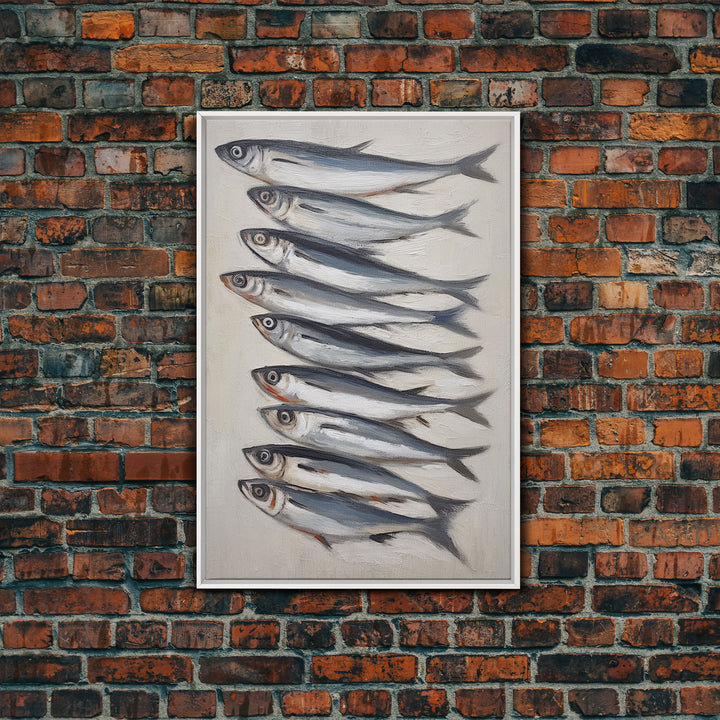 Minimalist Sardines Art Print - Framed Canvas Art - Oil Painting Still Life Print - French Kitchen Art - Restaurant Art - Boho Farmhouse Art