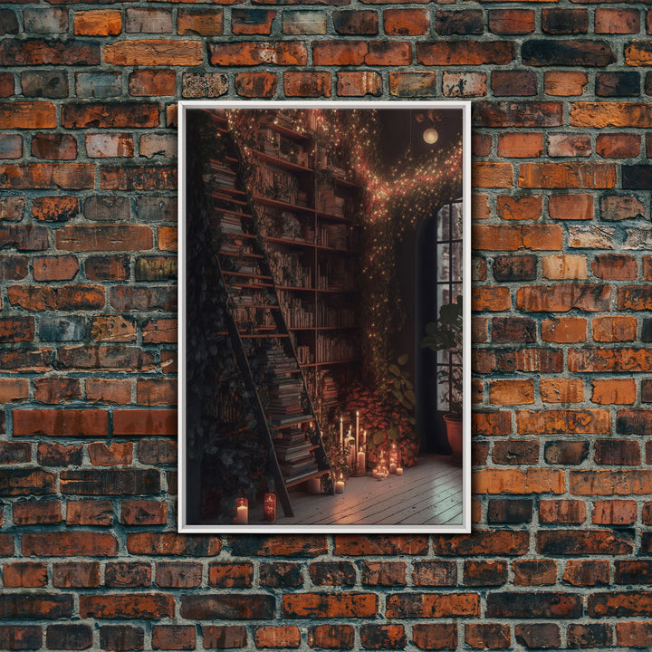 The Winter Library, Victorian Era Library with Ladder Art, Framed Canvas Print, Unique wall decor