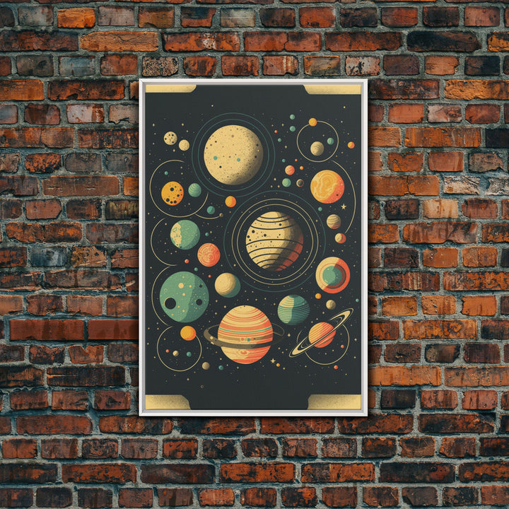 Art Deco Inspired Planetary Solar System Art, Framed Canvas Print, Cute Nursery Decor