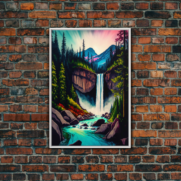 Yellowstone, Watercolor of a secret forest waterfall, framed canvas print, fantasy wall decor