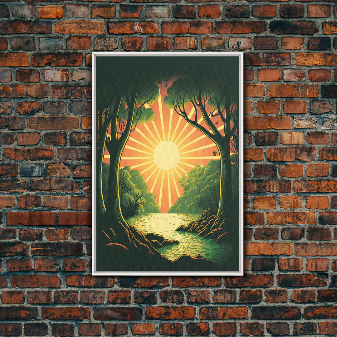 Retro Style Sunset Art, Art Deco Style Landscape Decor, Framed Canvas Print, Sunrise Golden Hour Art