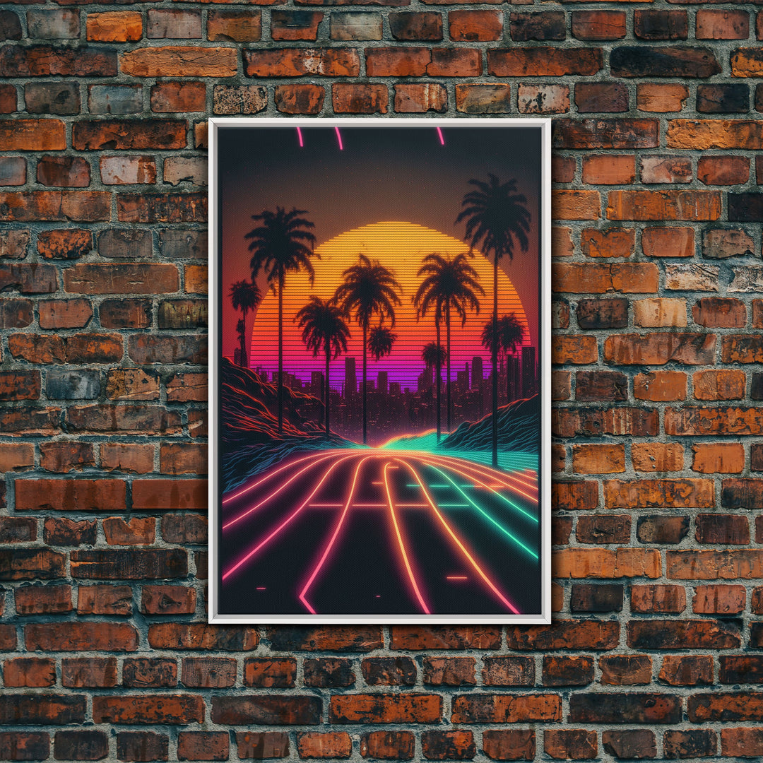 Neon Wireframe Road at Sunset, Outrun / Synthwave Palm Tree Art, 80s Retro Inspired Art, Framed Canvas Print