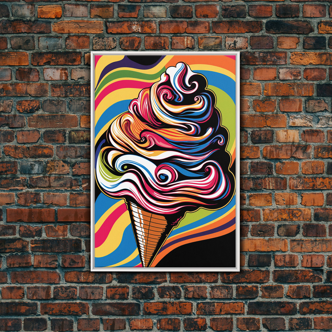 Pop Art Ice Cream, Psychedelic Ice cream cone, framed canvas print, large wall art, wall decoration