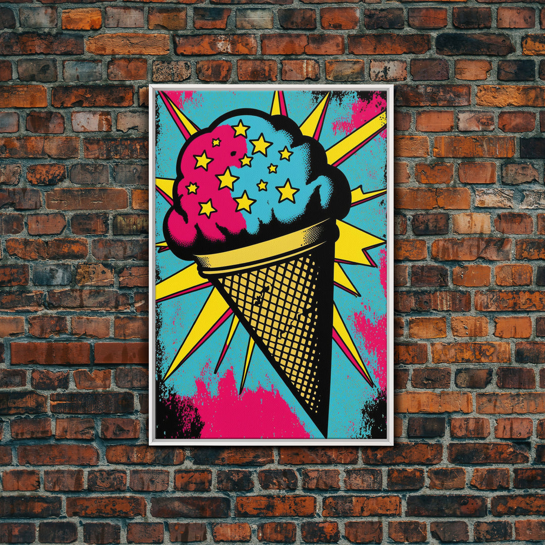 Pop Art Ice Cream, Psychedelic Ice cream cone, framed canvas print, large wall art, wall decoration, ice cream shop art