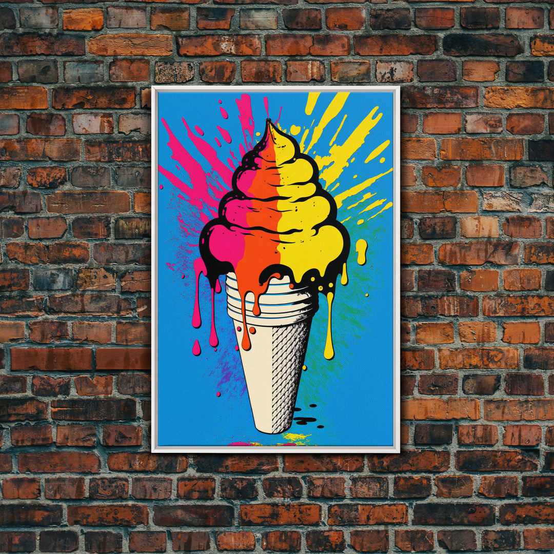 Pop Art Graffiti Ice Cream, Framed Canvas Print, Unique Colorful Wall Art, Paint Splatter Graffiti art, large wall art home decor