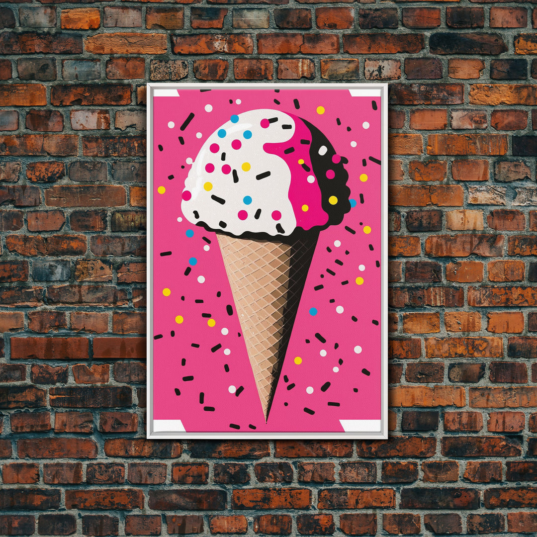 Pop Art Graffiti Ice Cream With Sprinkles, Framed Canvas Print, Colorful Wall Art, Paint Splatter Graffiti art, large wall art home decor