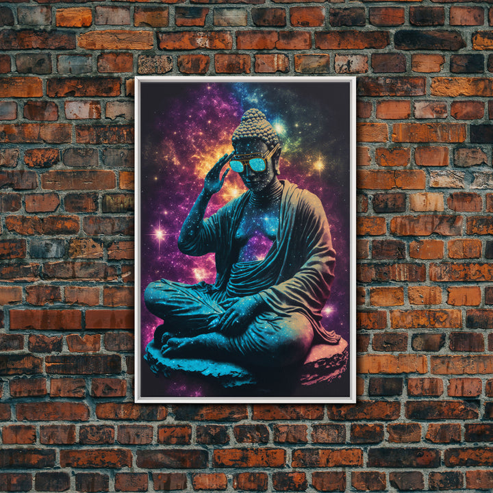 Psychedelic Buddha Wearing Aviators / Sunglasses, Meditation Art, Framed Canvas Print