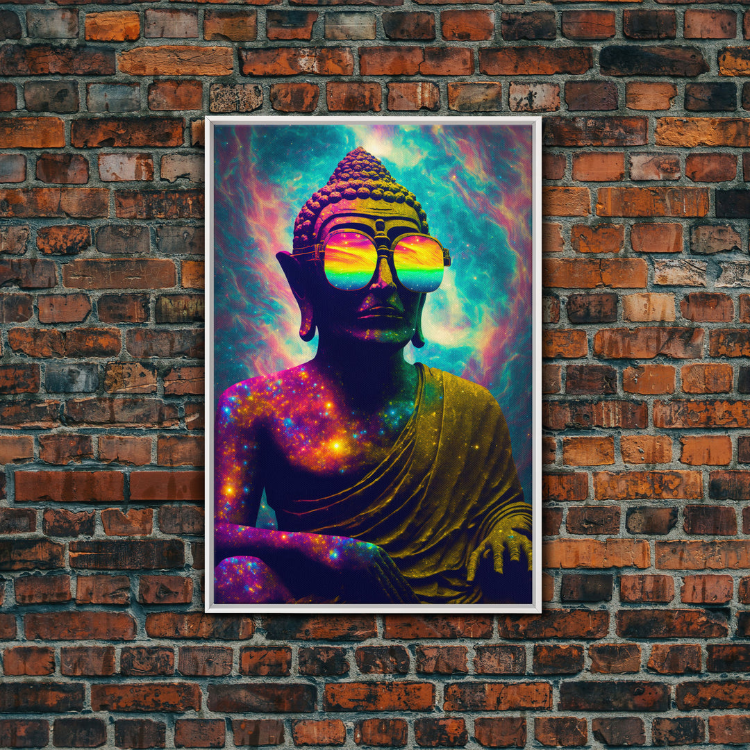 Open Your Mind, Psychedelic Buddha Wearing Aviators / Sunglasses, Meditation Art, Framed Canvas Print, Color Pop Art