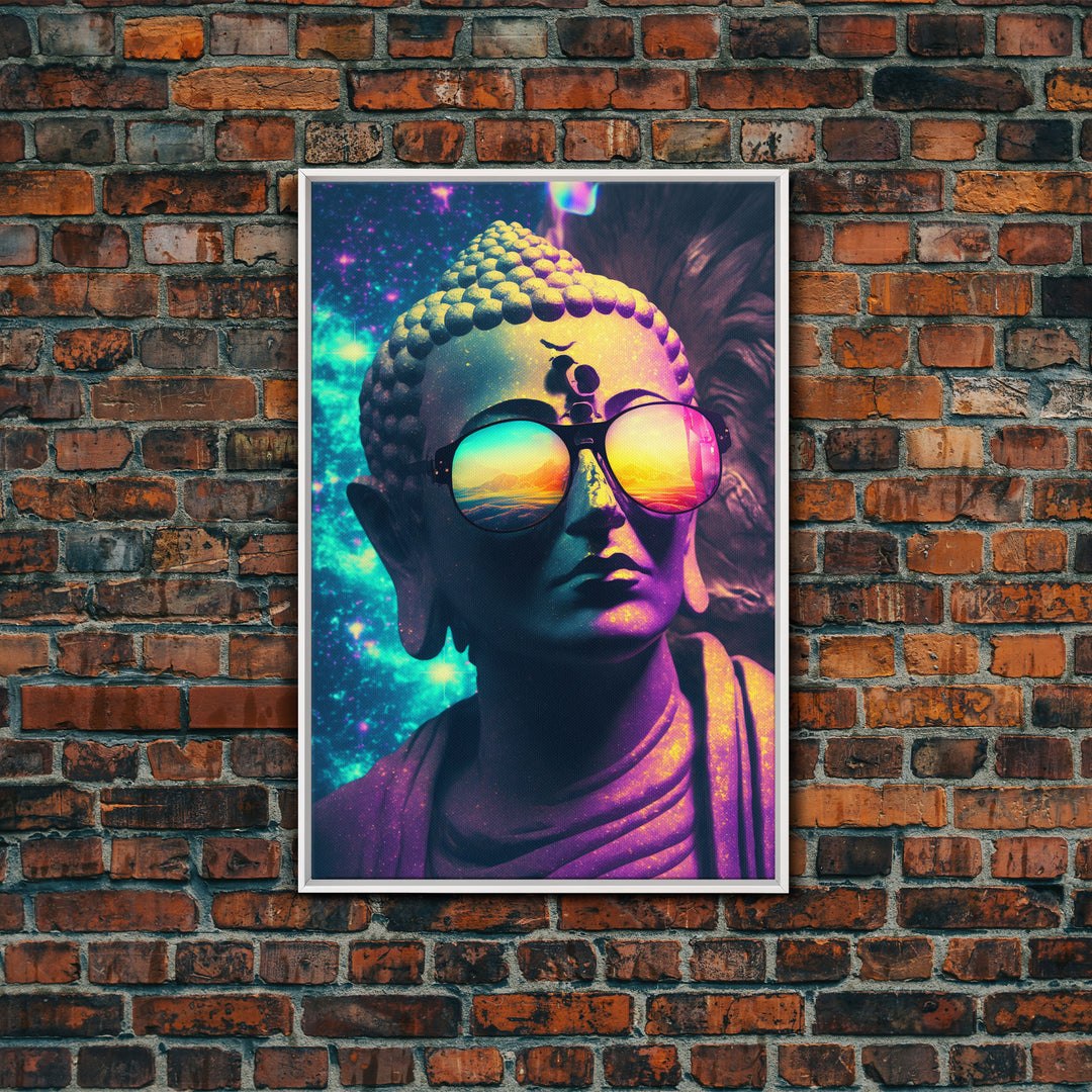 Open Your Mind, Psychedelic Buddha Statue Wearing Aviators / Sunglasses, Meditation Art, Framed Canvas Print, Color Pop Art