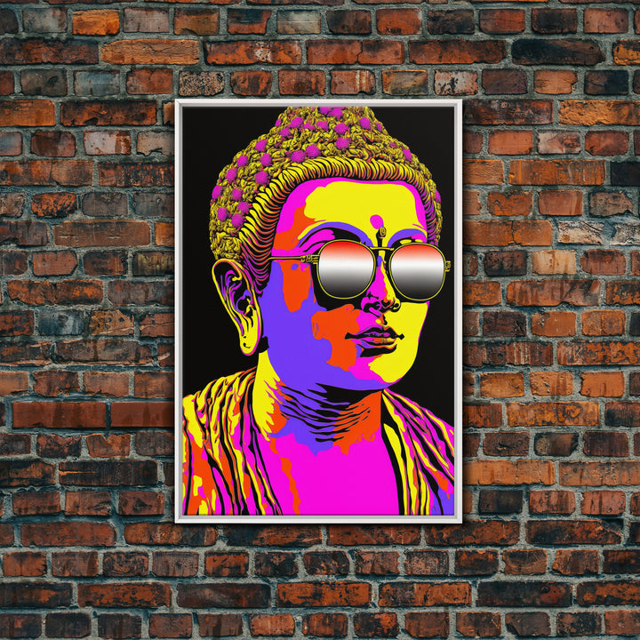 Heatwave Buddha Statue Wearing 80s Style Sunglasses, Framed Canvas Print, Psychedelic Meditation Buddhism Art, Art Deco Sunburst Buddha Art