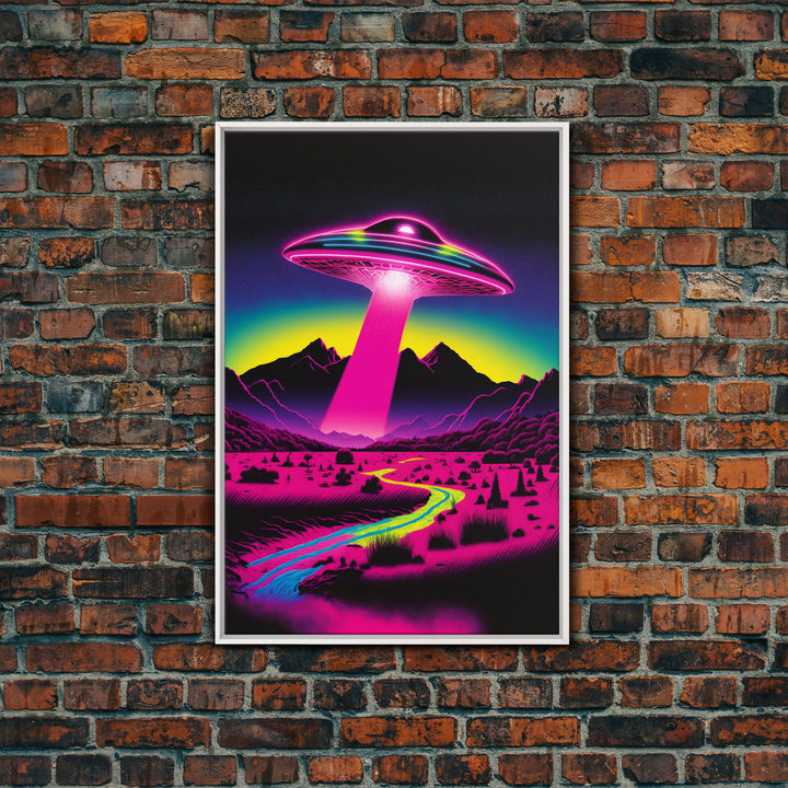 Psychedelic UFO Art, The Abduction, Retro 80s Style Scifi Art, Framed Canvas Print