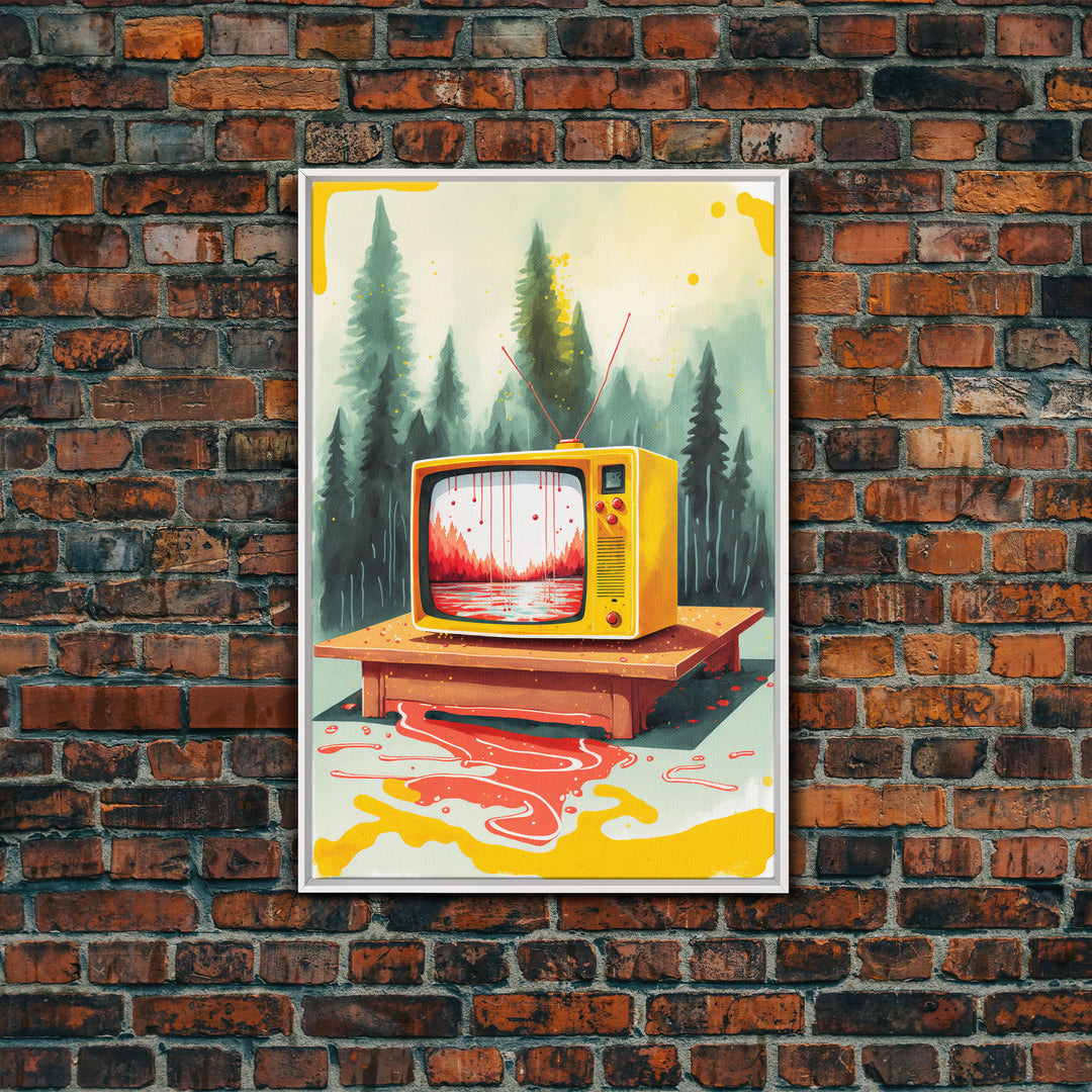 Abstract Surreal Landscape Art, Framed Canvas Print, Retro TV in a Forest, Weird / Strange Home Decor