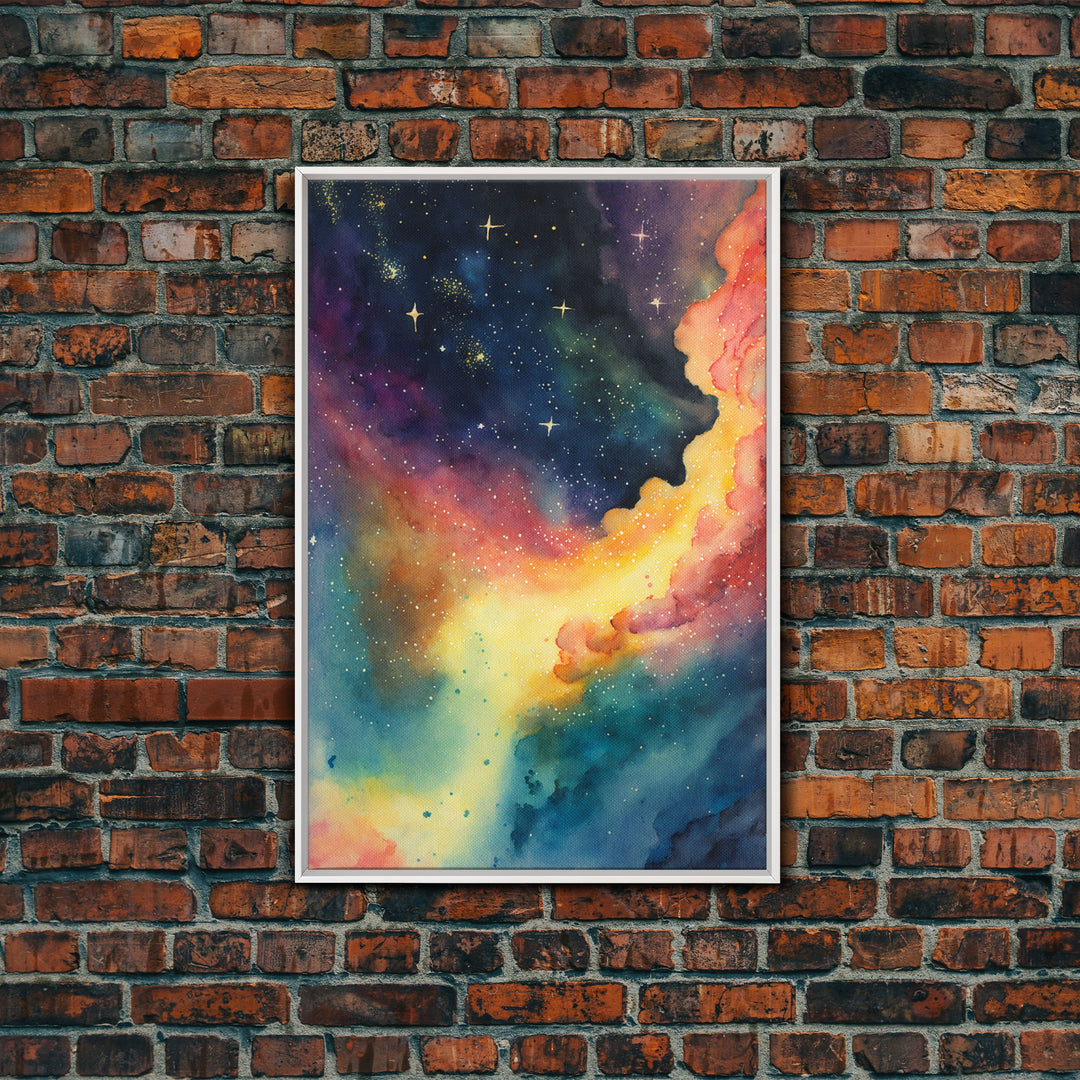 The Rainbow Nebula, Deep Space Art, Framed Canvas Print, Watercolor Painting of Space