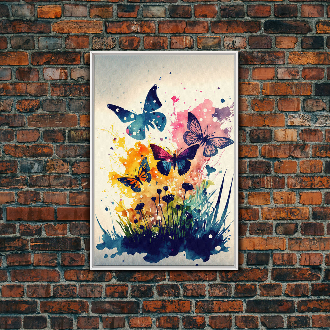 Watercolor Painting Of Butterfly and Wild Flowers, Framed Canvas Print, Colorful Living Room Wall Arrt