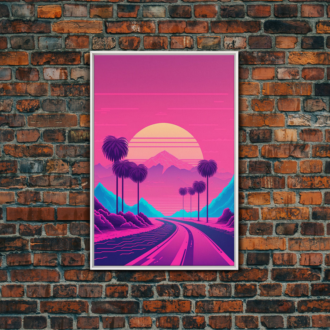 Retro Synthwave 80s Vibes Sunset Over The Mountains and Palm Trees, Highway, Framed Canvas Print