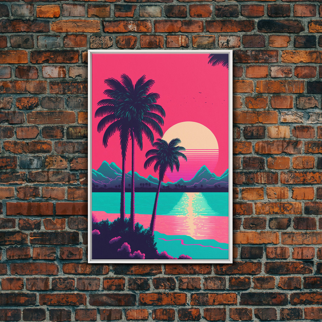 Retro Synthwave 80s Vibes Sunset Over The Mountains and Palm Trees, Highway, Framed Canvas Print