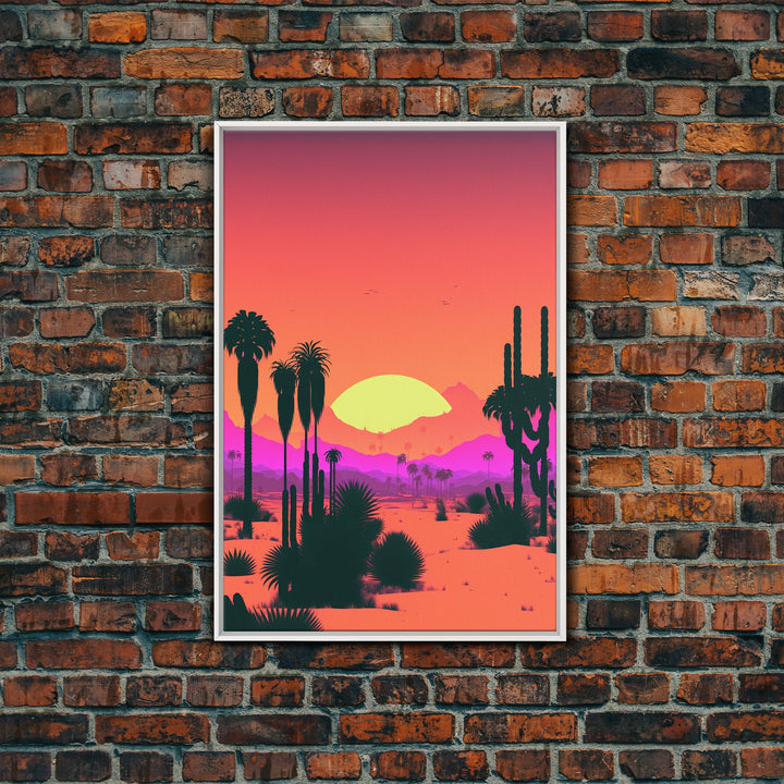 Retro Art Deco Style Minimalist Desert Landscape Print, Framed Canvas Art, Synthwave Style, Southwestern Decor, Western Art, Guest Room