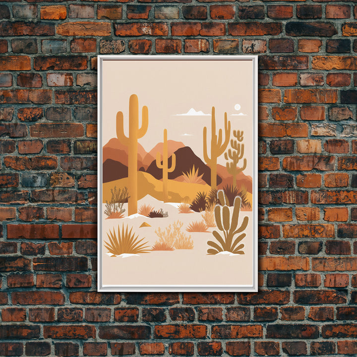 Boho Style Desert Art, Framed Canvas Print, Pueblo Style Cactus and Desert Landscape Art