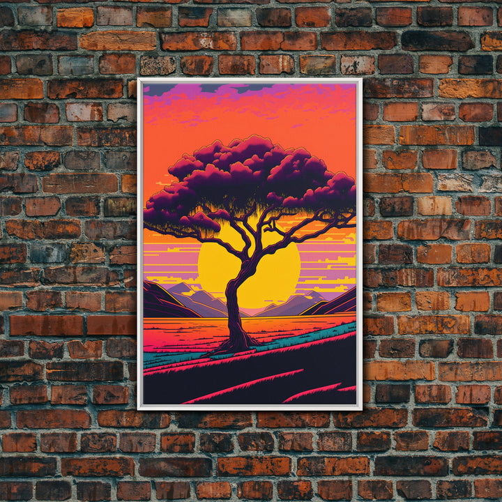 Weeping Willow At Sunset, Retro Style MCM Art, Framed Canvas Print, Trendy Wall Prints, Landscape and Sunset Outrun Art