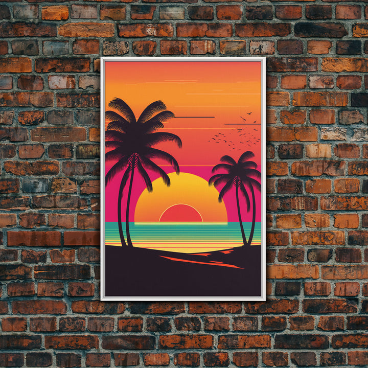 Retro Beach Vibes, Palm Trees at Sunset, Retrowave Landscape Art, Framed Canvas Print,  Florida Art, California Art, Game Room Decor