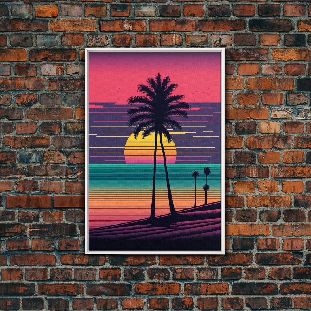 Framed Canvas Print | Art Deco Sunset, Beaches, Pop Art, Palm trees, Retro Style, Island Vibe | Vibrant and Colorful | Retro Style