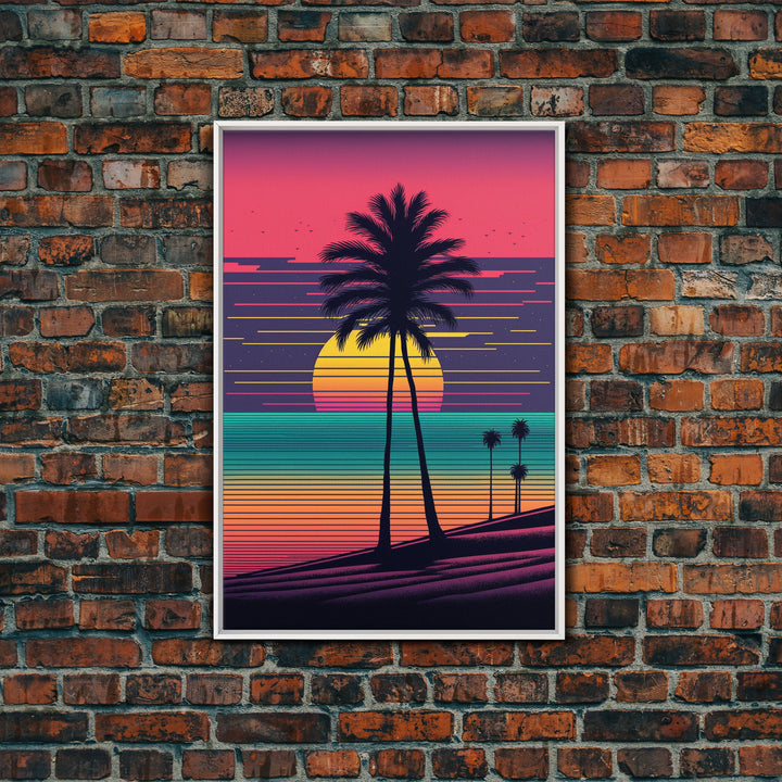 Framed Canvas Print | Synthwave Sunset with Palm Trees | Home Decor | Ready to Hang | Retro Style Decor