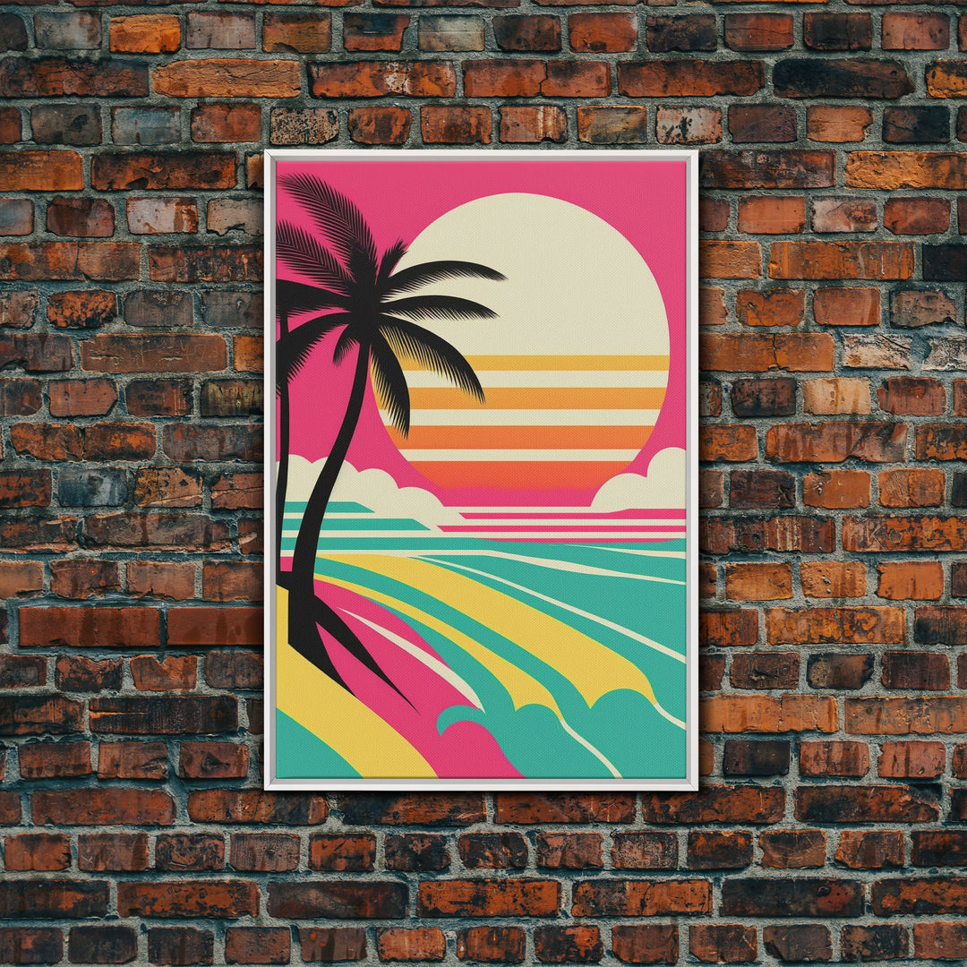 Framed Art Deco Canvas Print - Sunset Beach Scene, Minimalist Palms, Retro Style - Pink and Turquoise Vaporwave Art