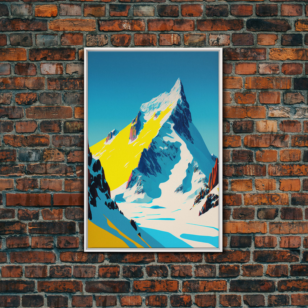 Retro Mount Everest Landscape Art, Framed Canvas Print, Retro Style Painting, Snow Capped Peaks, Orange Landscape, Minimalist MCM Art