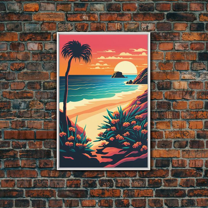 Framed Canvas Print | Art Deco Sunset, Beach, Palm Trees, Retro Style, Synthwave, Vaporwave, Island Vibes, Minimalist Beach Art