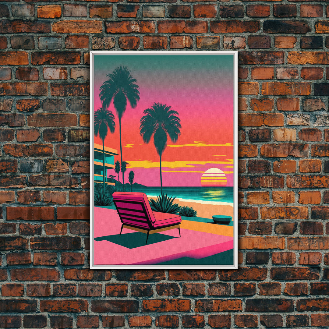 Framed Canvas Print – Art Deco Sunset Beach, Minimalist, Retro, Palm Trees, Synthwave, Vaporwave, Island Vibes, Lounging, Synthwave Deco