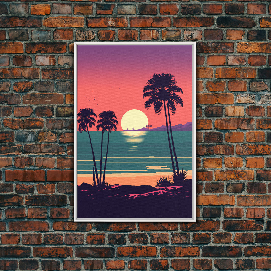 Framed Canvas Print - Art Deco Sunset, Palm Trees, Synthwave Vibes, Beach Decor, Vaporwave Pink Art, Miami Vibes