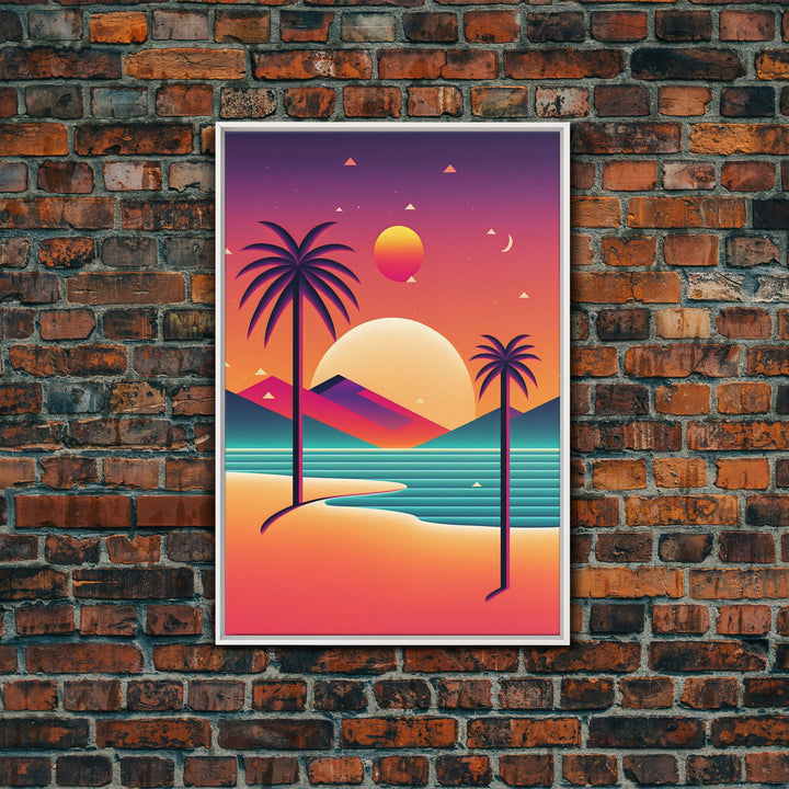 Framed Canvas Print | Art Deco Sunset | Retro Style | Palm Trees | Island Vibes | Desert Pyramids and Palm Trees | Desert Art