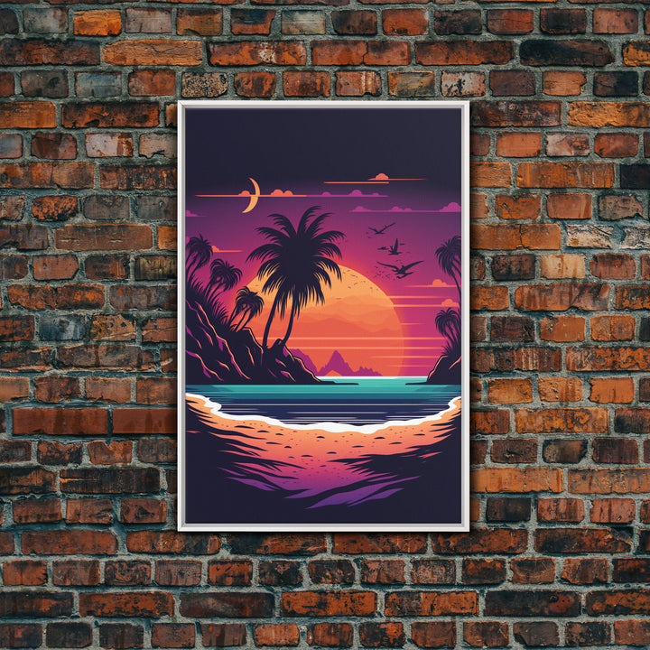 Framed Canvas Print - Pop Art Style Beach at Sunset with Palm Trees - Retro Style - Living Room / Office / Bedroom Wall Art