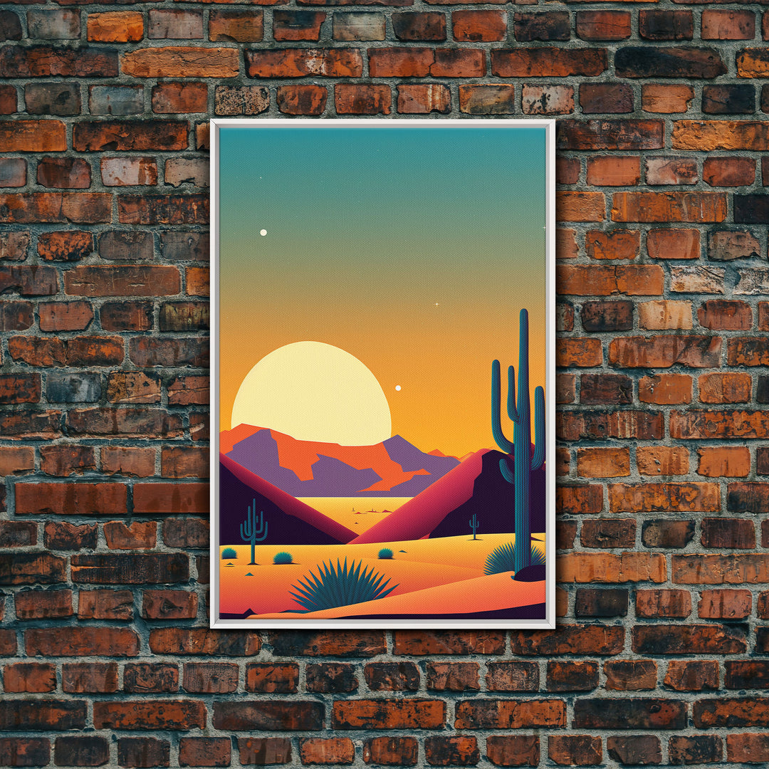 Framed Canvas Print - Pop Art Desert Landscape at Sunset - Ready to Hang Wall Art - Retro Desert Prints - Minimalist Art