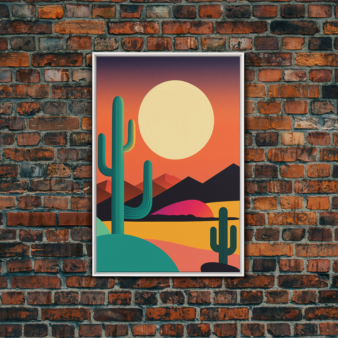 Pop Art Framed Canvas Print of Desert Landscape at Sunset, Outrun Style Sunset Full Moon Art, Unique 80s Vibe Retro Art, Art Deco