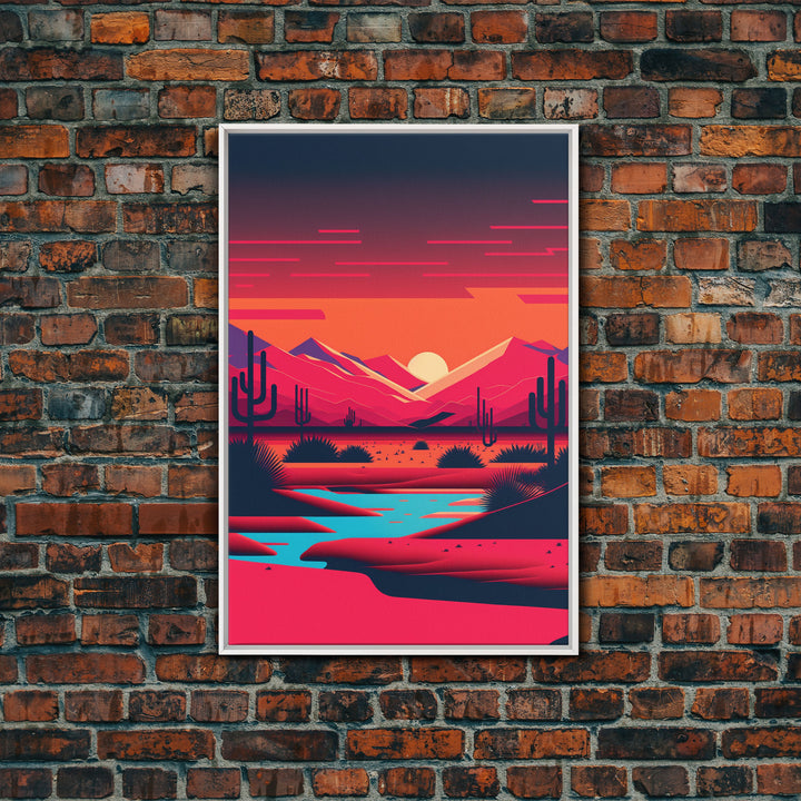 Retro Synthwave Desert Landscape Art, Framed Canvas Print, Unique Sunset Art, Living Room Wall Decor, Framed Art