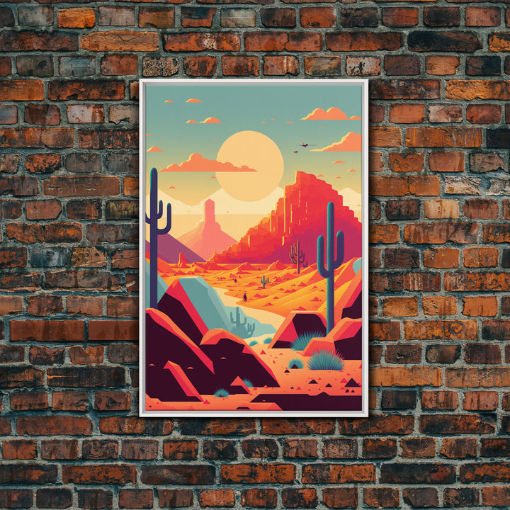 Retro Synthwave Desert Landscape Art, Framed Canvas Print, Unique Sunset Art, Living Room Wall Decor, Framed Art, Southwest Decor