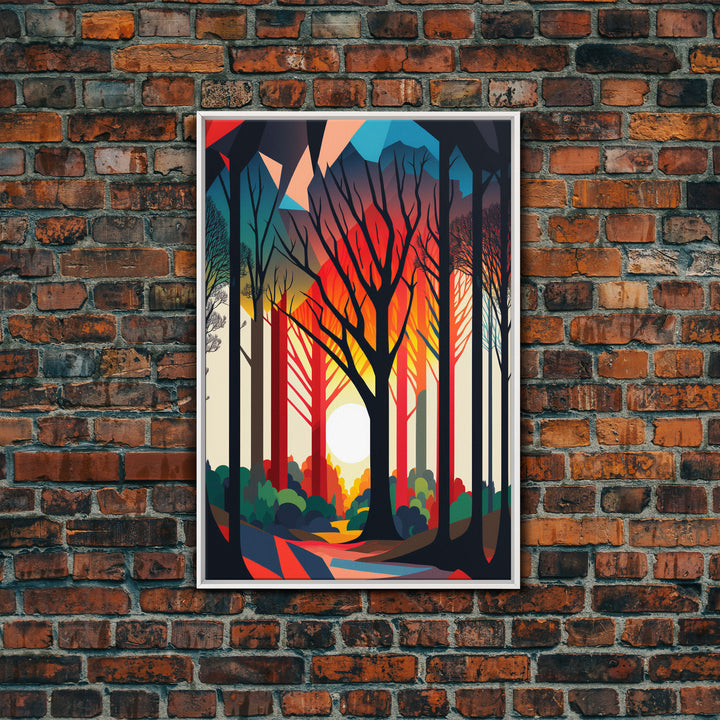 Silhouette Forest Landscape, Framed Canvas Print, Pop Art Minimalist Landscape Art