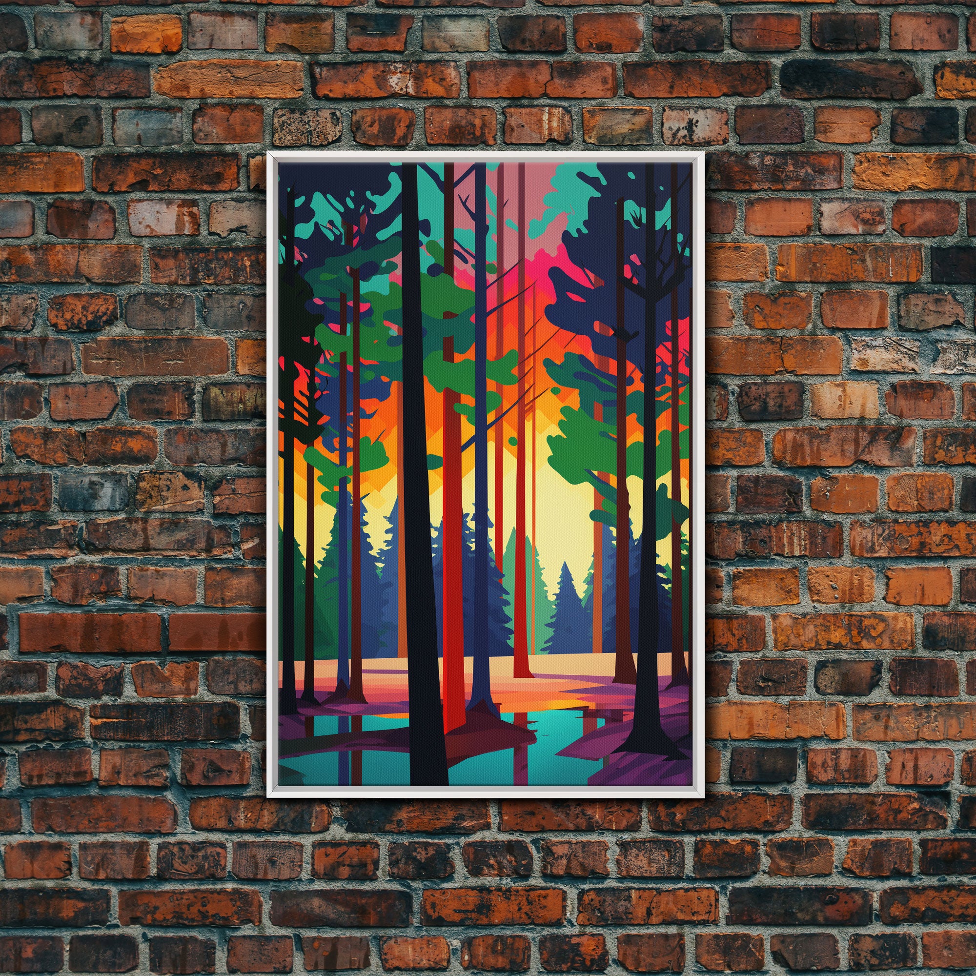 Silhouette Forest Landscape, Framed Canvas Print, Pop Art Minimalist Landscape Art