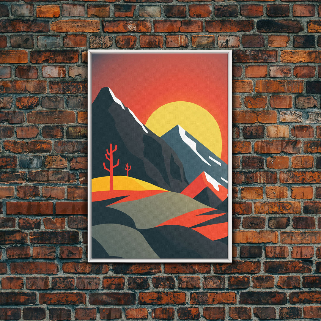 Orange Sky and Sunset over A Mountain Landscape, Framed Canvas Print, Minimalist Abstract Art