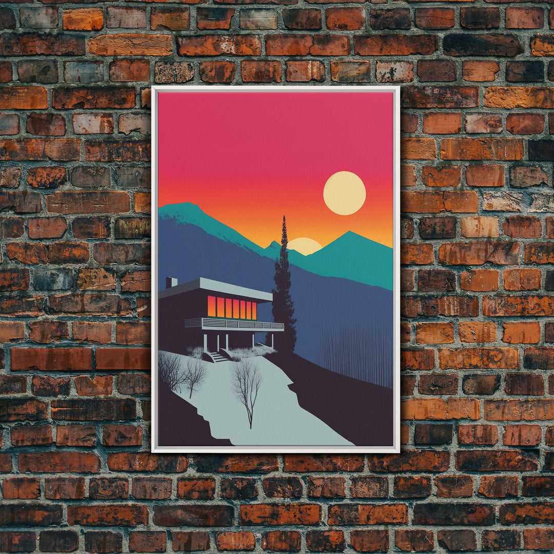 The Lodge, MCM Architecture Art, Framed Canvas Print, Midcentury Mountainside Villa, Colorado Rockies Pop Art