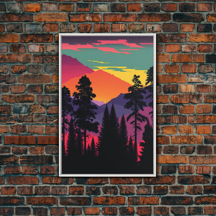 Pacific Northwest Pop Art, Framed Canvas Prints, Washington State, Pine Tree Forest and Mountain Landscape at Sunset, Vibrant Art